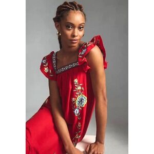 Farm Rio ANTHROPOLOGIE Linen Embroidered Maxi Dress Square Neck Ruffled Red XS